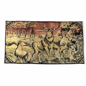 Italian Deer Stag Tapestry Rug Wall Hanging Woodland Scene 38x20 Made In Italy